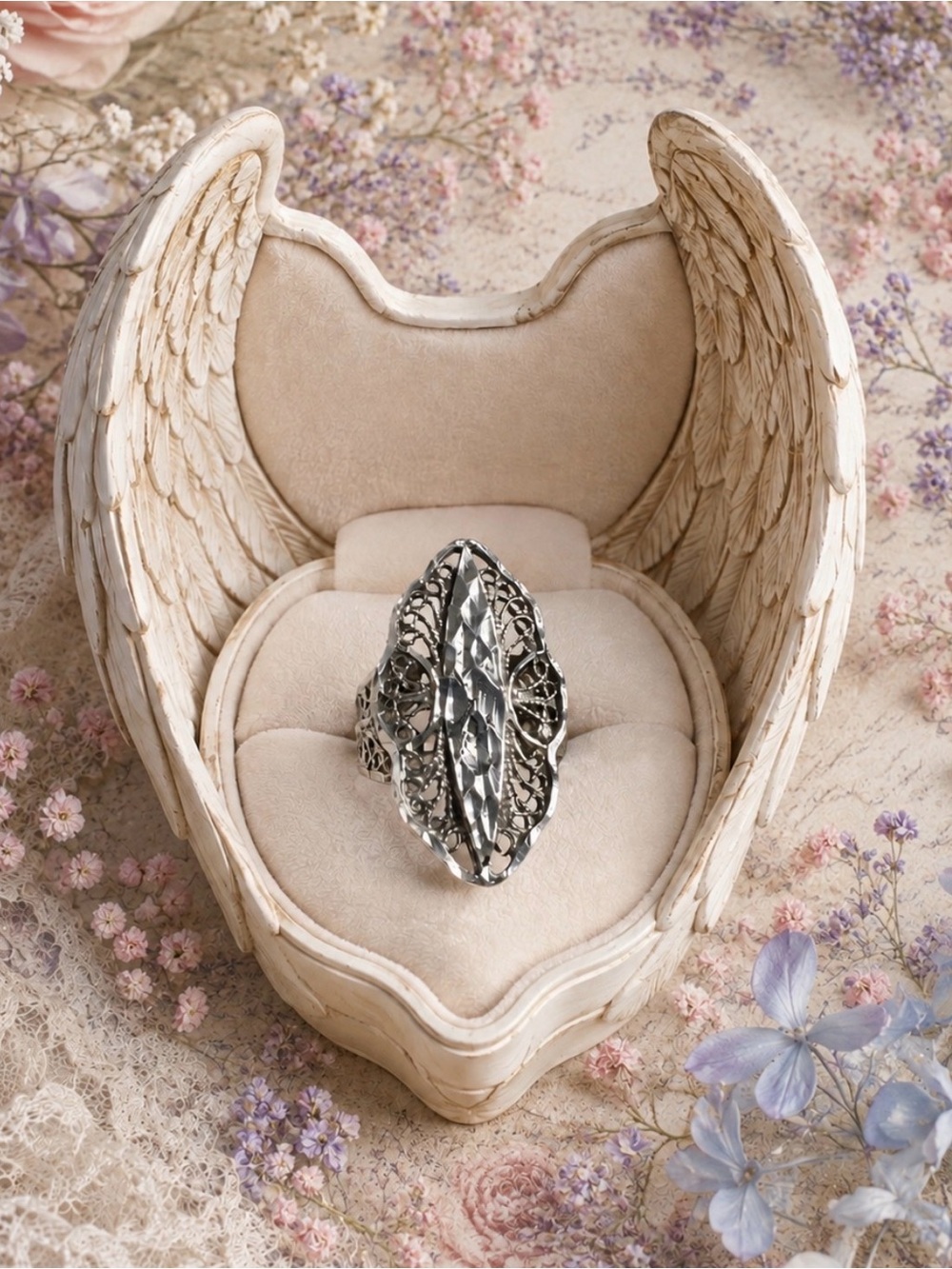 Ring Vintage Sterling Silver Filigree Marquise Intricate Feminine Romantic